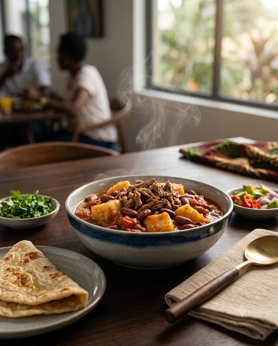 Beef and bean stew in a ceramic bowl with a side of chapati