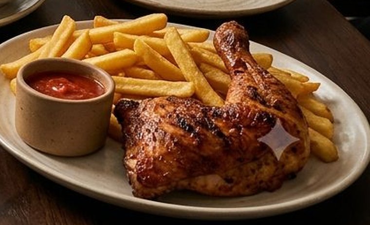 Grilled chicken leg with golden fries and a side of ketchup
