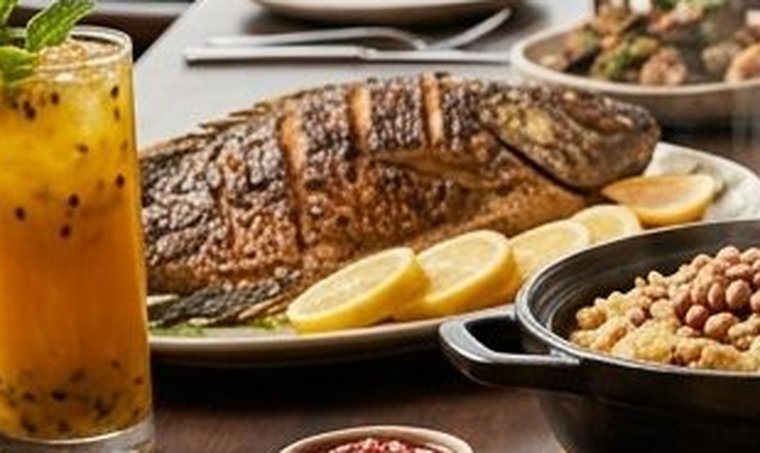 Whole grilled fish with lemon wedges on a serving plate