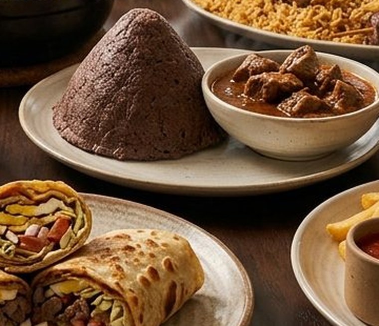 Kalo millet bread beside a bowl of beef stew