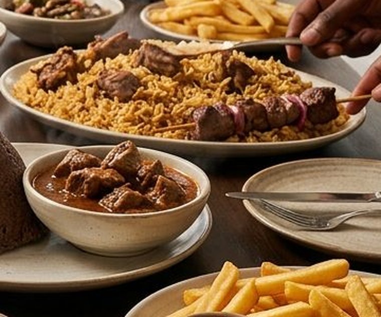 Spiced pilau rice with skewered beef pieces on a serving platter