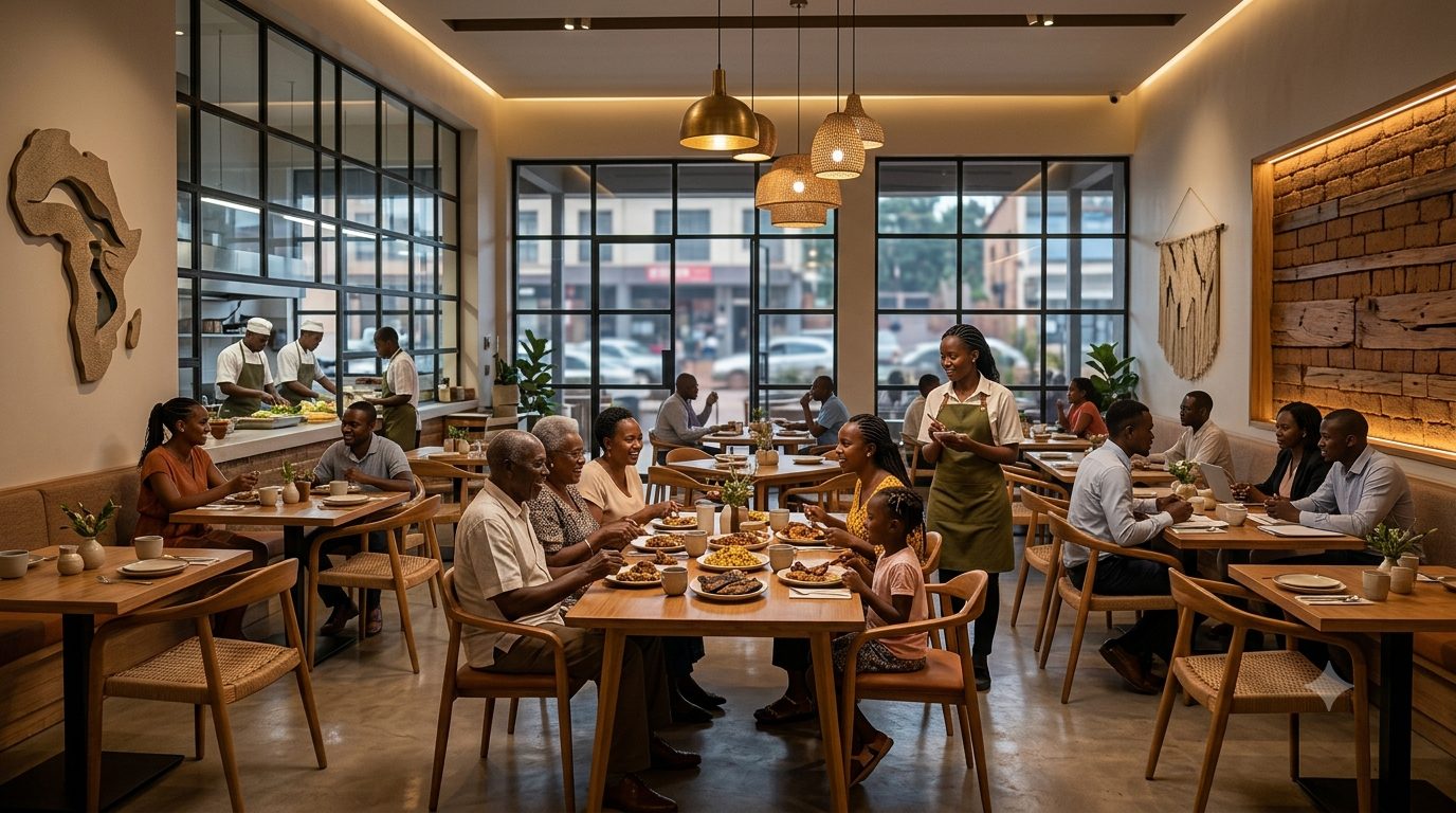 Warm restaurant dining room with wooden tables, guests and staff at service