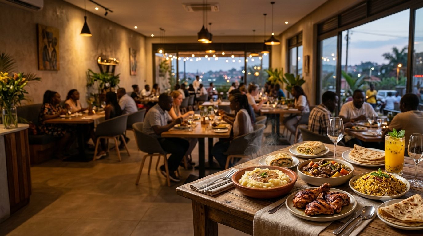 Restaurant dining room at dusk with guests seated at wooden tables