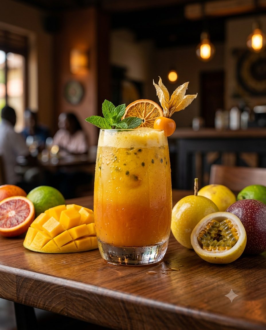 Tall glass of fresh tropical passion fruit and mango juice