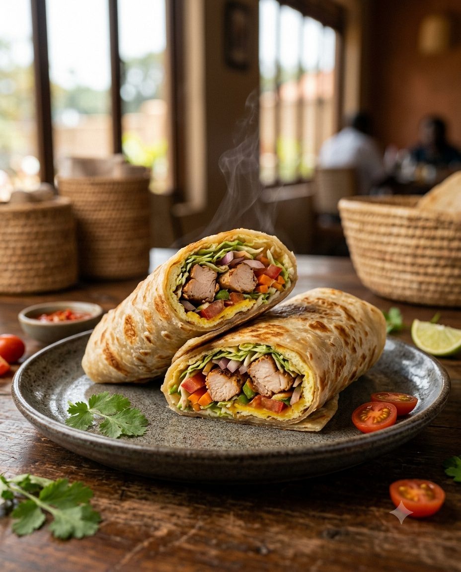 Rolled chapati wrap sliced open, filled with egg, chicken and vegetables