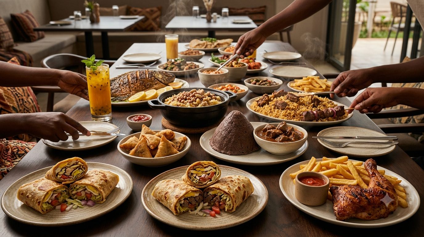 A full spread of shared dishes on a table, conceptual imagery for a private gathering